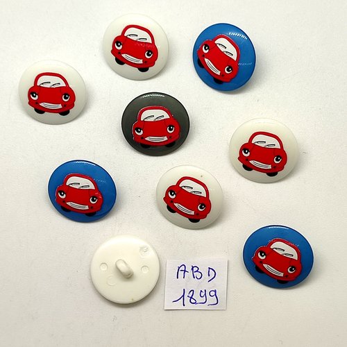 9 boutons fantaisie en résine - une voiture blanc rouge et bleu - 18mm - abd1899