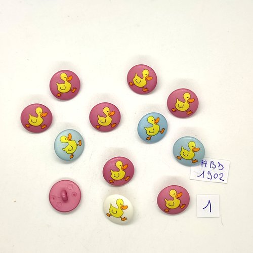 12 boutons fantaisie en résine - canard jaune bleu et rose - 15mm - abd1902