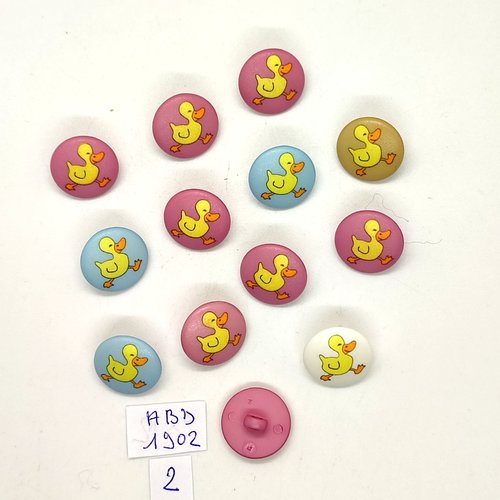 12 boutons fantaisie en résine - canard jaune bleu et rose - 15mm - abd1902