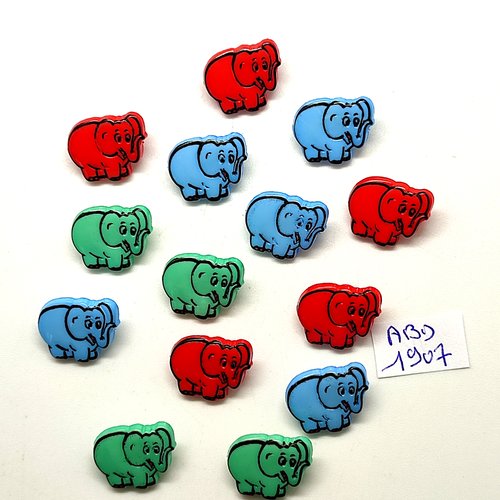 14 boutons fantaisie en résine multicolore et noir (éléphant) - 14x16mm - abd1907