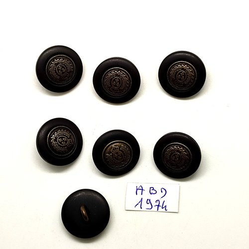 7 boutons en résine marron et métal bronze - 18mm - abd1974