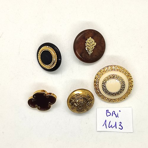 5 boutons en résine et métal doré - entre 12 et 21mm - bri1413