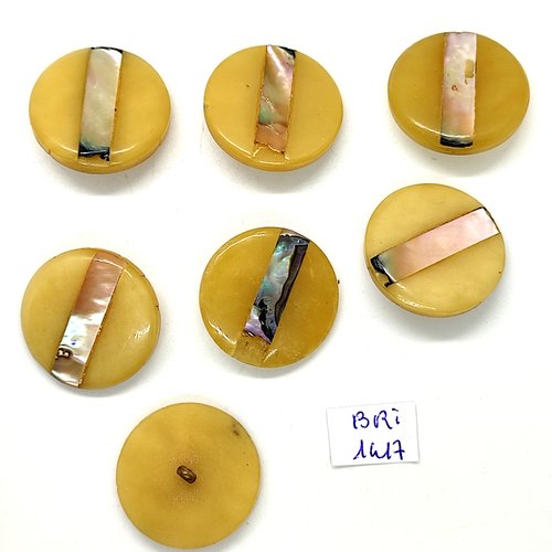 7 boutons en résine beige foncé et métal argenté - 27mm - bri1417