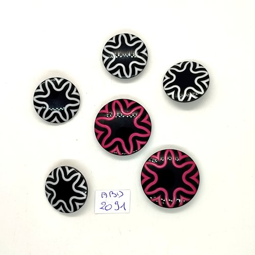 6 boutons en résine violet et noir en 27mm et  blanc et noir en 22mm - abd2091