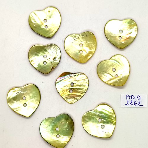 9 boutons en nacre jaune - coeur - 25mm- abd2262