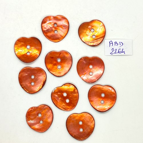 9 boutons en nacre orange - coeur - 20mm- abd2264