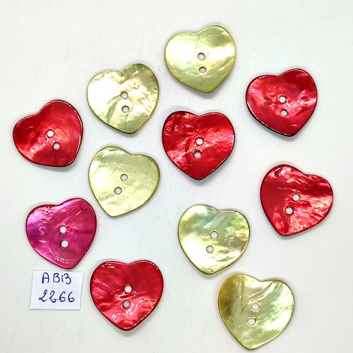 11 boutons en nacre jaune rouge et rose - coeur - 25mm- abd2266
