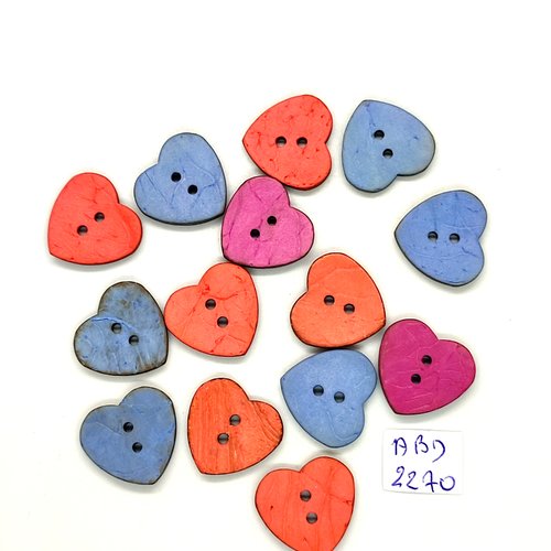 14 boutons en coco rose bleu lilas - coeur - 20mm - abd2270