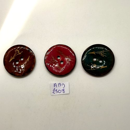 3 boutons en coco vert fuschia marron et doré - 30/31mm - abd2308