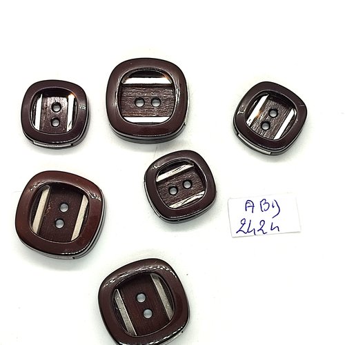 6 boutons en résine marron et argenté - 19x19mm et 23x23mm - abd2424