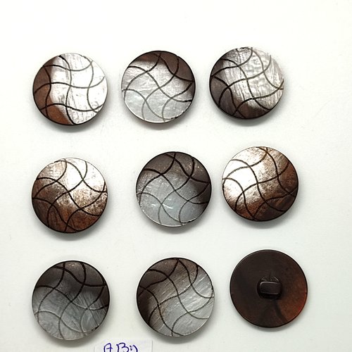 9 boutons en résine gris et marron - 23mm - abd2482