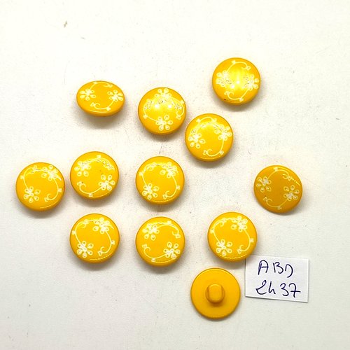12 boutons fantaisie en résine jaune et fleur blanche - 14mm - abd2437