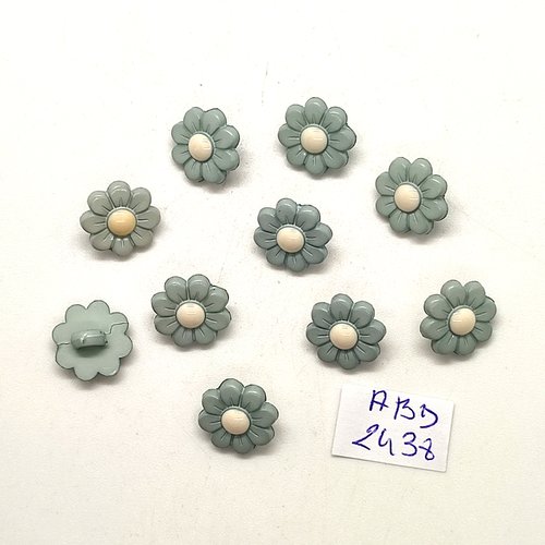 10 boutons fantaisie en résine bleu et fleur blanche - 12mm - abd2438