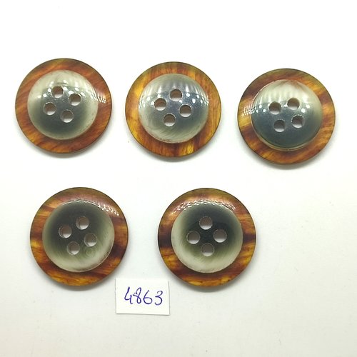 5 boutons en résine marron et gris - 31mm - tr4863