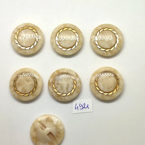7 boutons en résine beige et doré - 27mm - tr4921