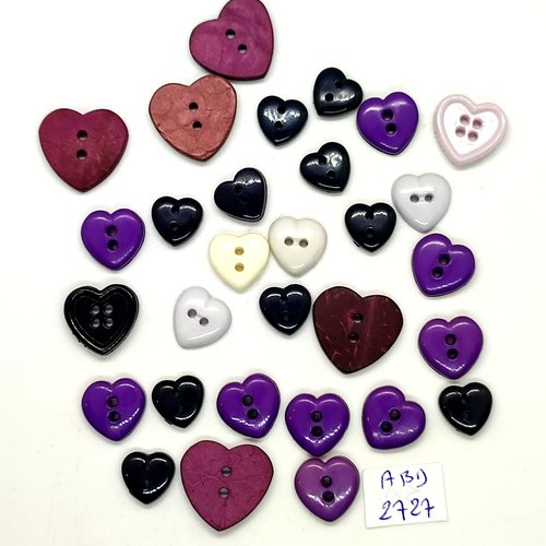 30 boutons fantaisie en résine multicolore (coeur) - entre 11mm et 19mm - abd2727