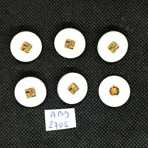 6 boutons en résine blanc et doré - 18mm - abd2702