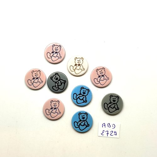 9 boutons fantaisie en résine multicolore - des oursons - 15mm - abd2729