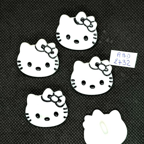 5 boutons fantaisie en résine blanc et noir - hello kitty - 27mm - abd2732