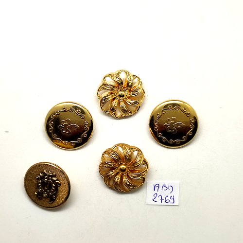 5 boutons en résine et métal doré - 22mm - abd2769