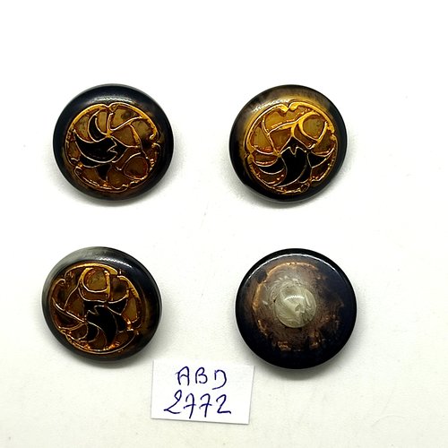 4 boutons en résine noir et doré - 23mm - abd2772