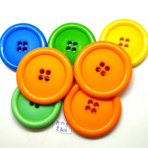 7 boutons en résine vert orange jaune et bleu - 51mm et 57mm - abd2801
