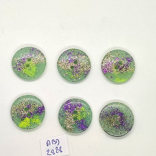 6 boutons en résine vert et paillette argenté - 22mm - abd2827