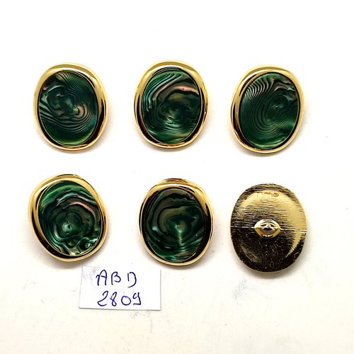 6 boutons en résine vert et doré - 20x23mm - abd2809