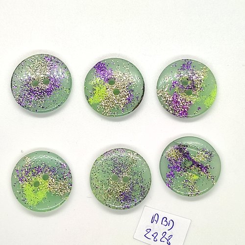 6 boutons en résine vert pailleté - 22mm - abd2828
