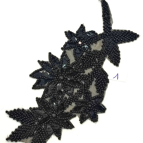 1 applique à coudre noir perles et sequins - vintage - 7x16cm