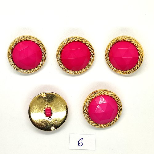 5 boutons en résine rose et doré - 23mm