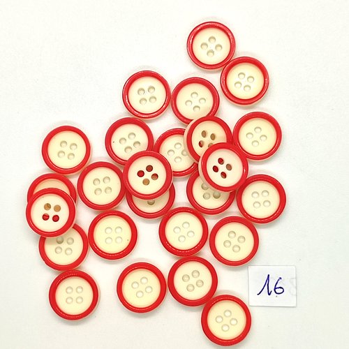 25 boutons en résine rouge et écru - 12mm