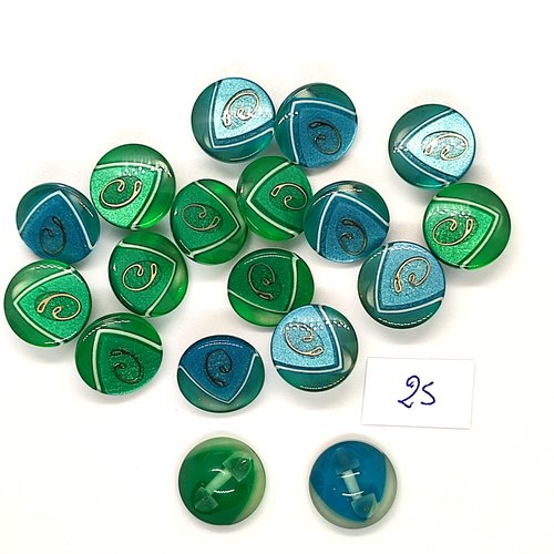 18 boutons en résine bleu et vert - 14mm