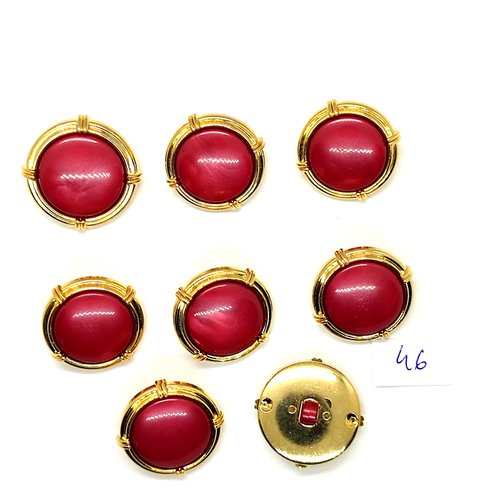 8 boutons en résine doré et fuchsia foncé - 23mm - 46