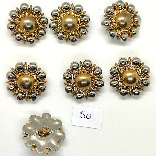 7 boutons en résine doré et argenté - 23mm - 50