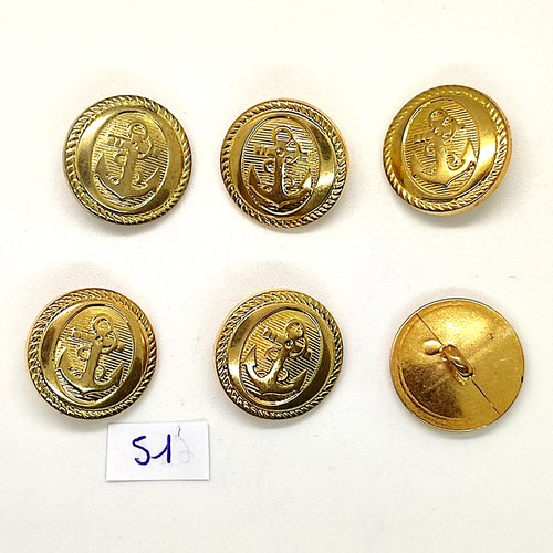 6 boutons en résine doré - une ancre - 21mm - 51