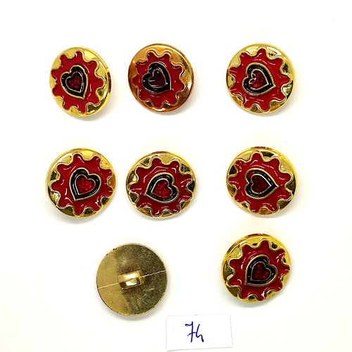 8 boutons en résine doré et rouge et coeur noir - 22mm - 74