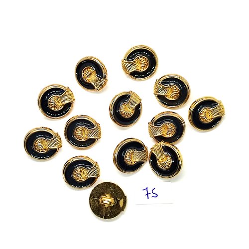 13 boutons en résine noir et doré - 18mm - 75