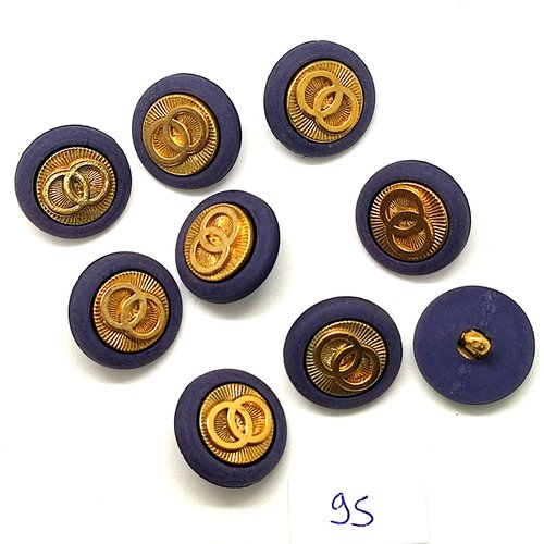 9 boutons en résine bleu et doré - 18mm - 95