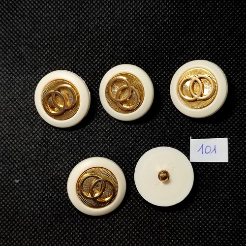 5 boutons en résine blanc et doré - 26mm - 101