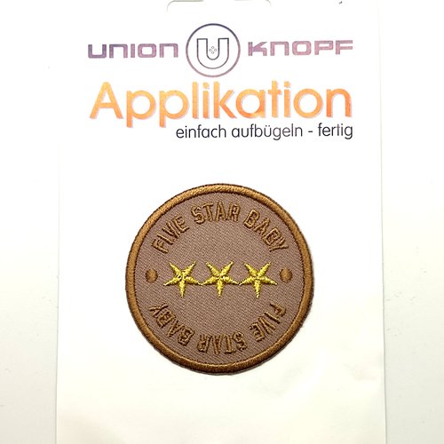 1 thermocollant / écusson à coudre - five star baby - marron et doré - 55mm