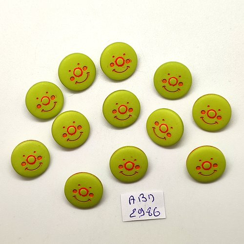 12 boutons fantaisie en résine vert et rouge - smiley - 15mm - abd2986