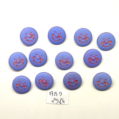 12 boutons fantaisie en résine bleu et orange - smiley - 15mm - abd2984
