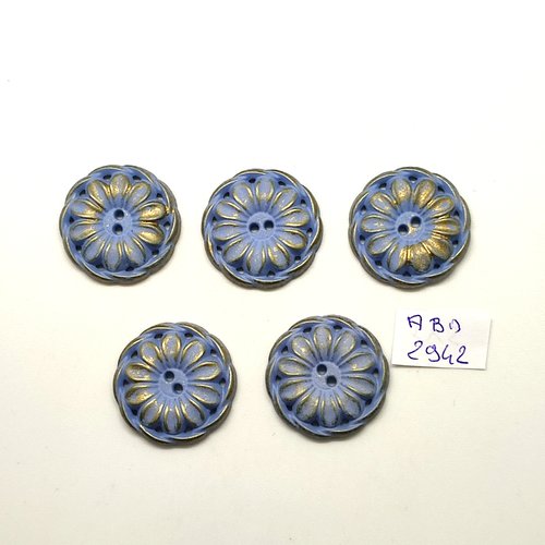 5 boutons en résine bleu et doré - 25mm - abd2942