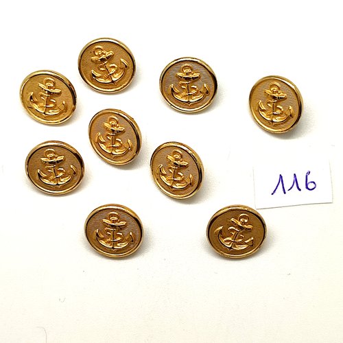 9 boutons en métal doré - une ancre - 15mm