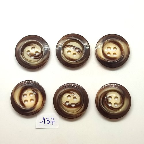 6 boutons en résine beige et marron - 27mm - 137