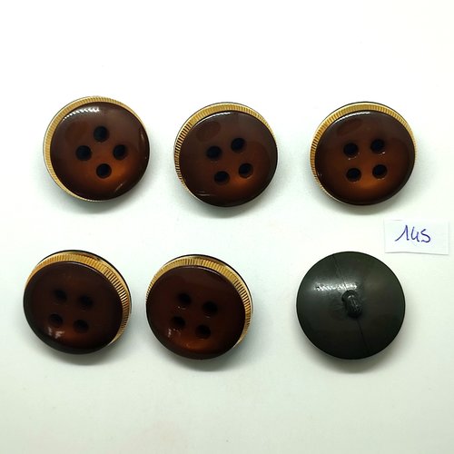 6 boutons en résine marron et doré - 29mm - 145