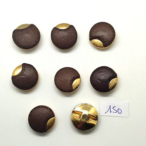 8 boutons en cuir marron et résine doré - 18mm - 150