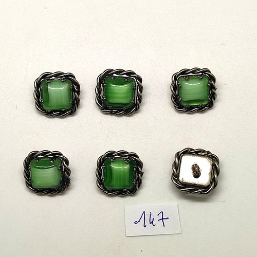 6 boutons en résine vert et métal argenté - 15x15mm - 147