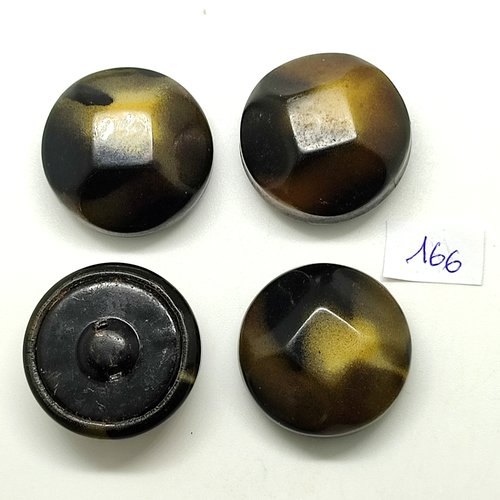 4 boutons en résine jaune / vert et métal noir dessous - 31mm - 166